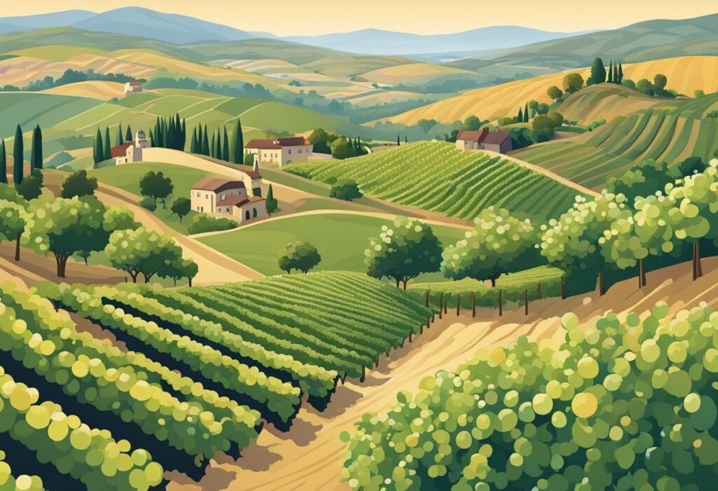 An illustration of a vineyard in tuscany.