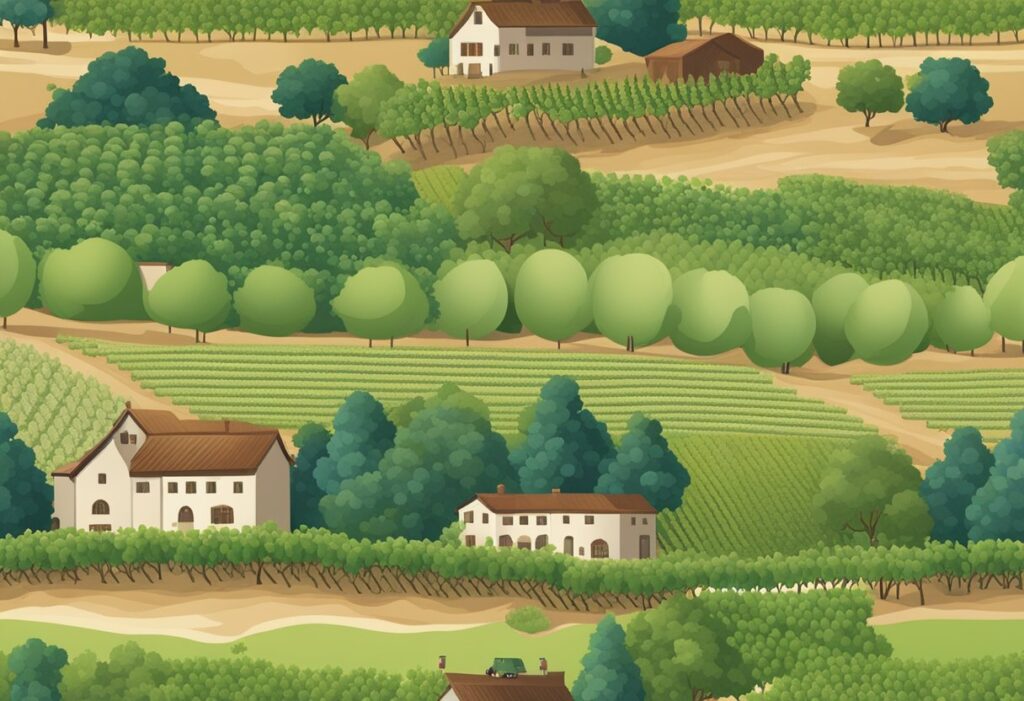 A seamless pattern of a farm with trees and houses.