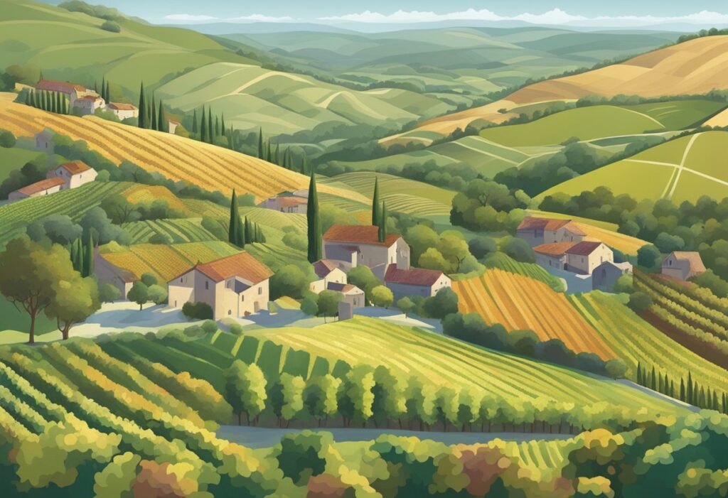 A painting of a vineyard in tuscany.