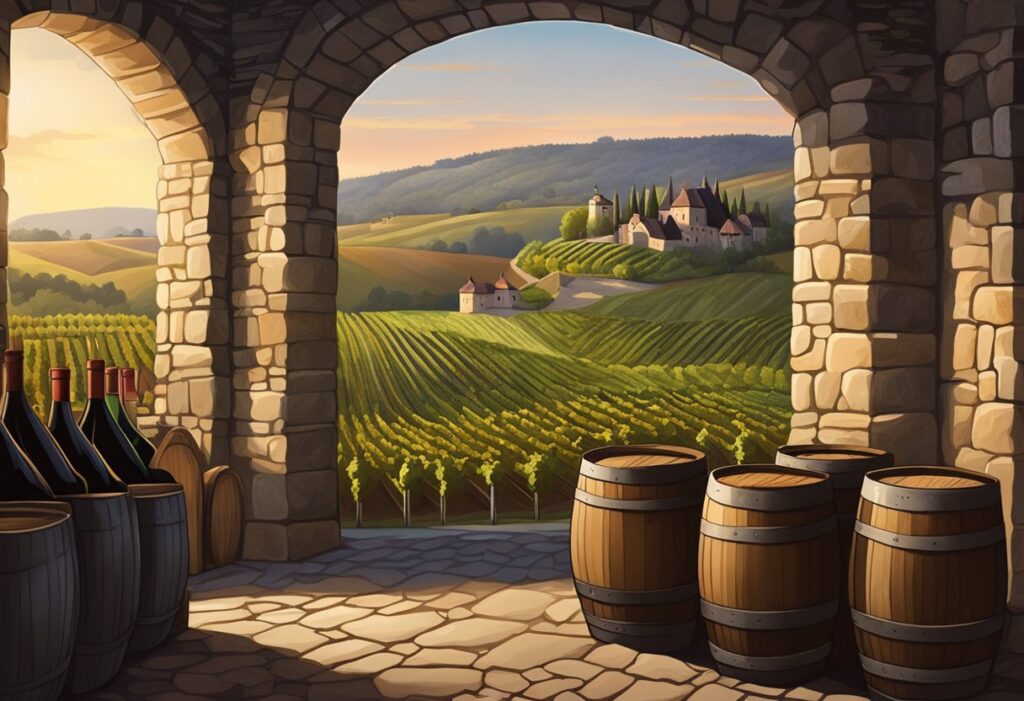 A wine cellar with barrels and a view of a vineyard.