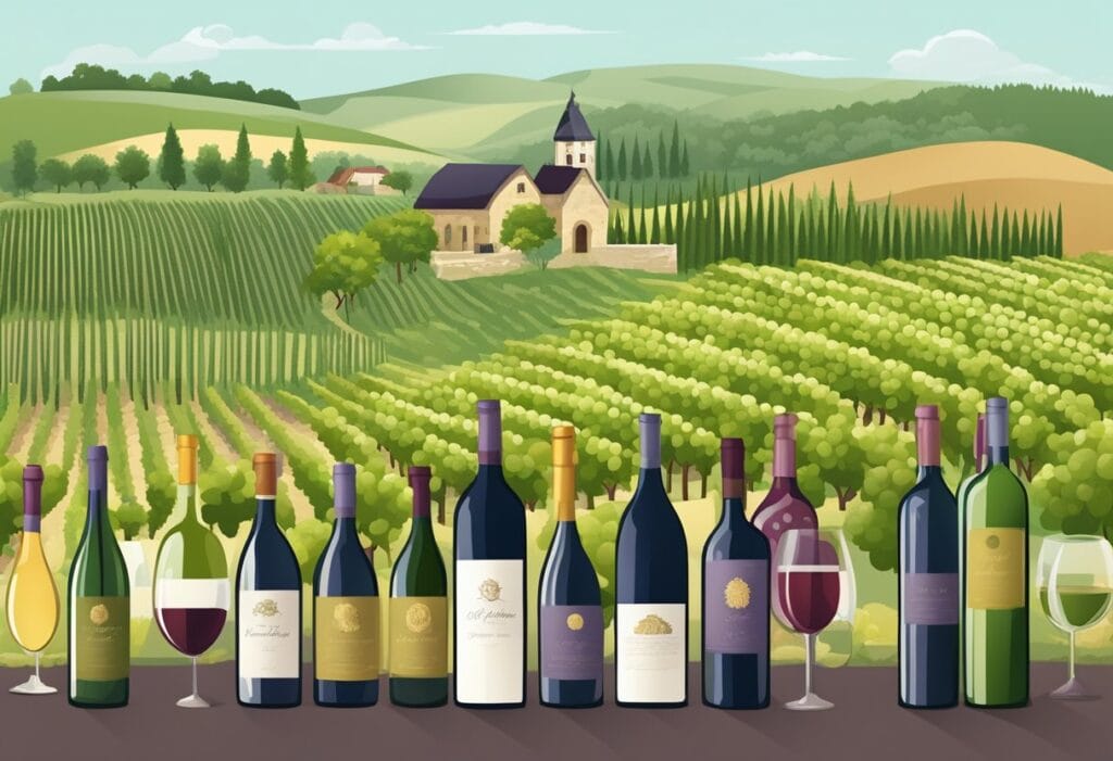 A group of wine bottles and glasses in front of a vineyard.