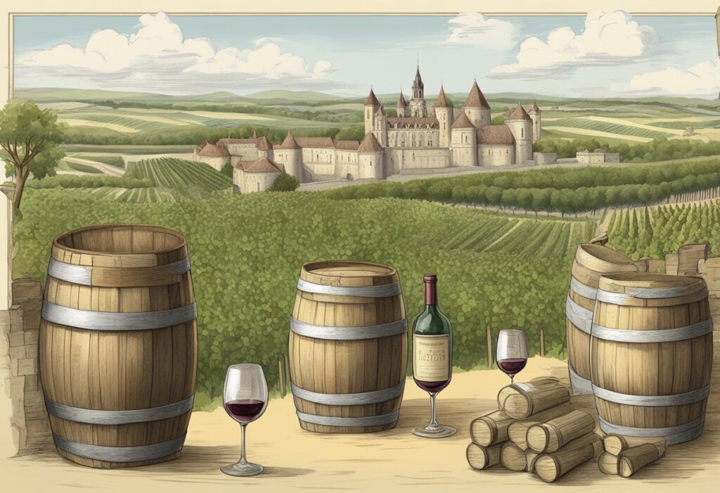 Wine barrels and wine glasses in front of a castle.