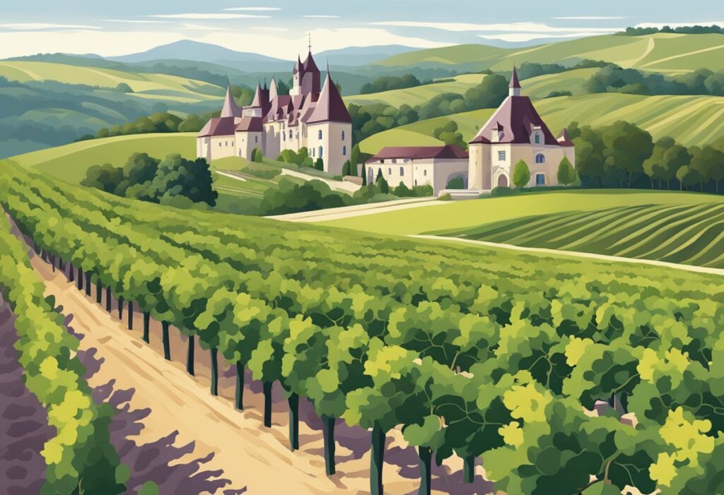 An illustration of a vineyard with a castle in the background.