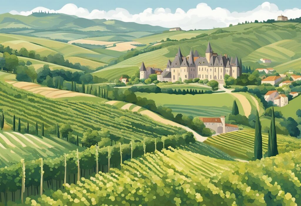 An illustration of a vineyard and castle in tuscany.