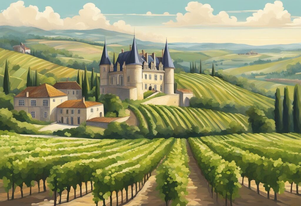 A painting of a vineyard with a castle in the background.