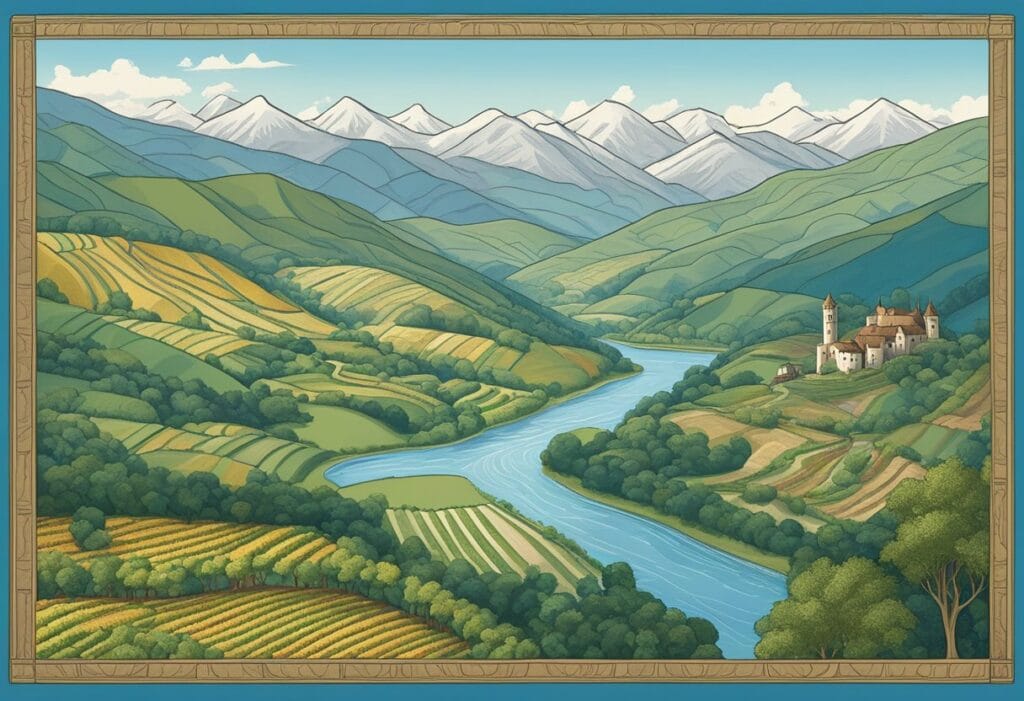 A painting of a valley with mountains and a river.