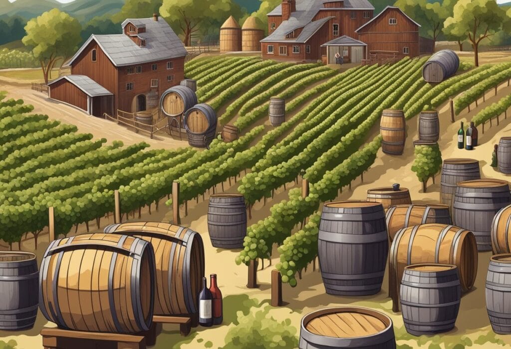 An illustration of a vineyard with barrels and a farmhouse.