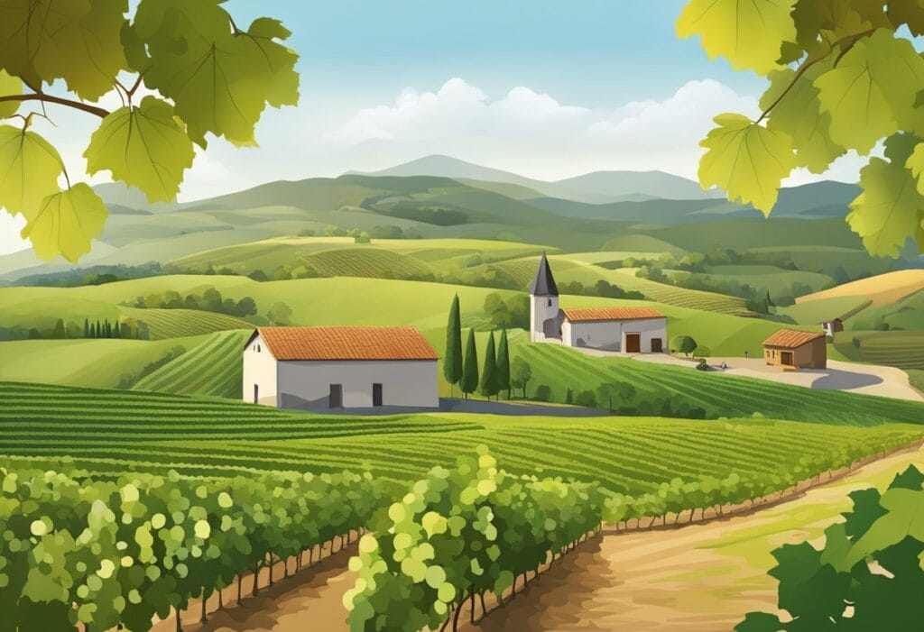 An illustration of a vineyard in the countryside.