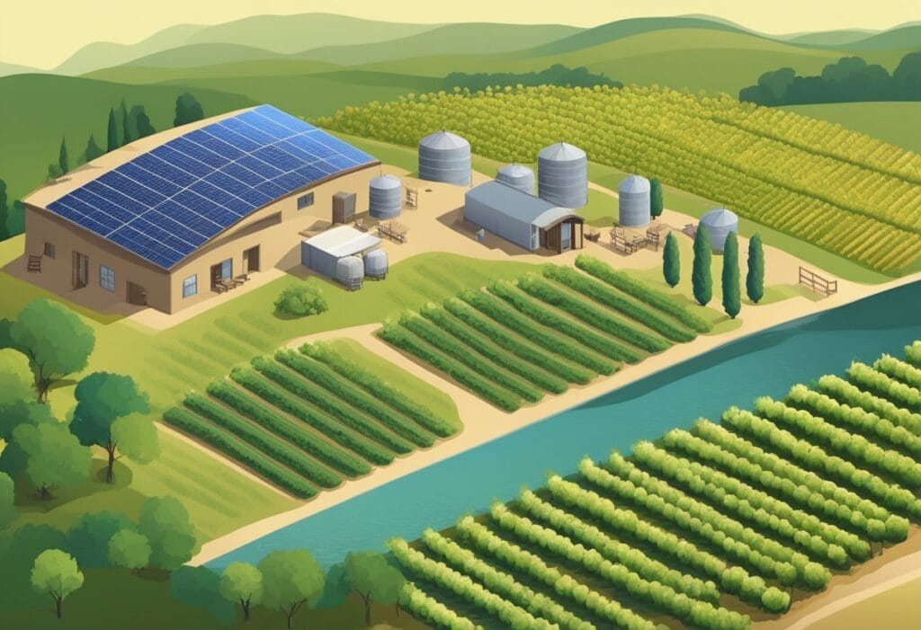 An isometric illustration of a farm with solar panels and a river.