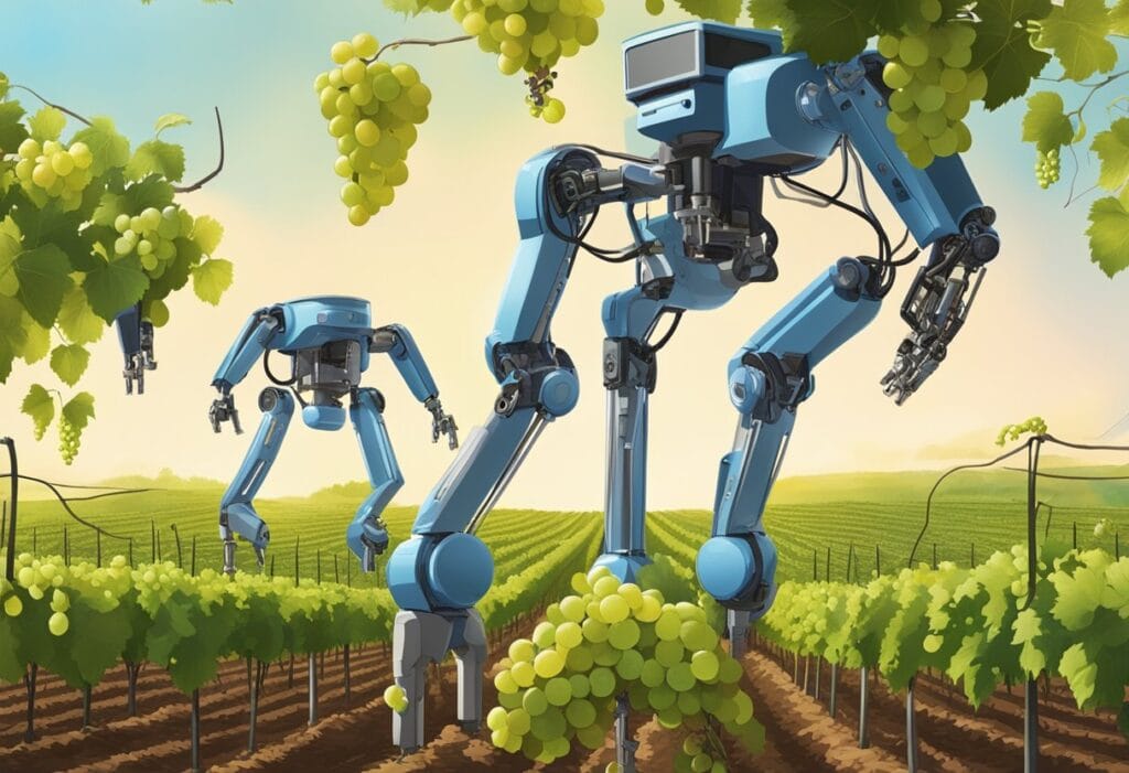 Two blue robots in a field of grapes.