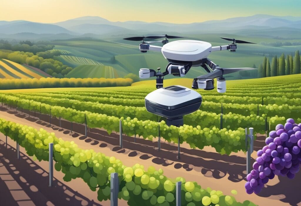 A drone is flying over a vineyard with grapes.