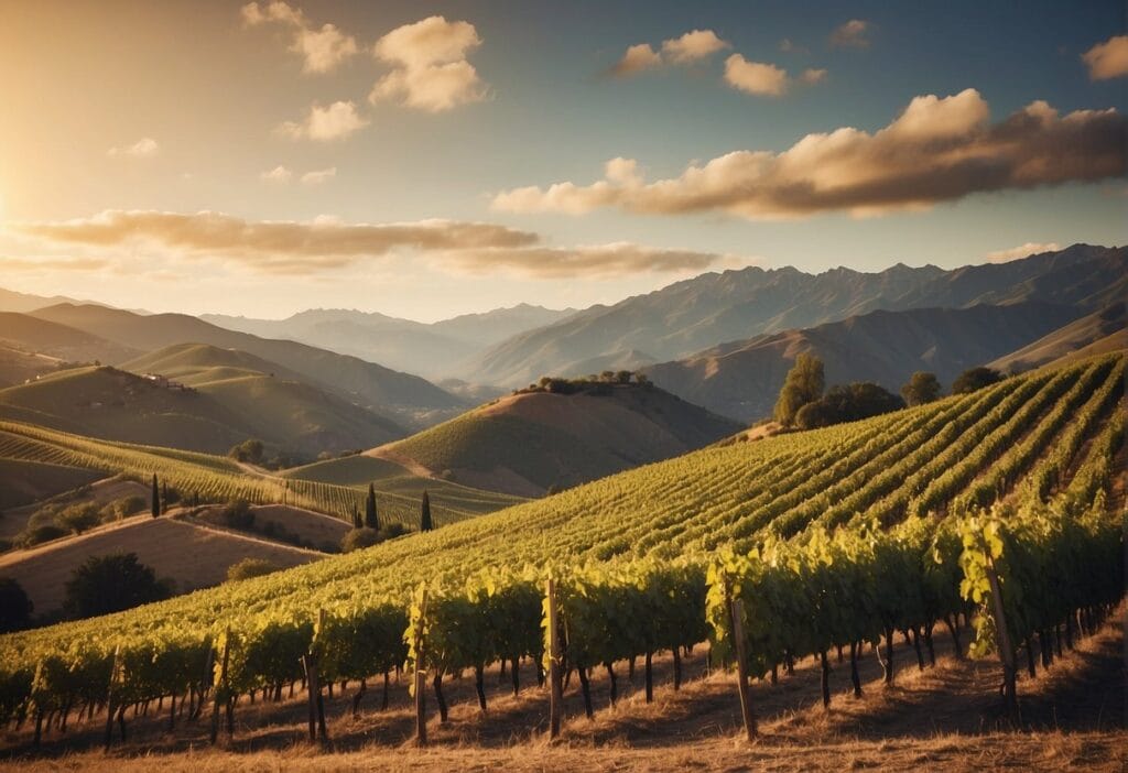 A vineyard field at sunset with mountains in the background.