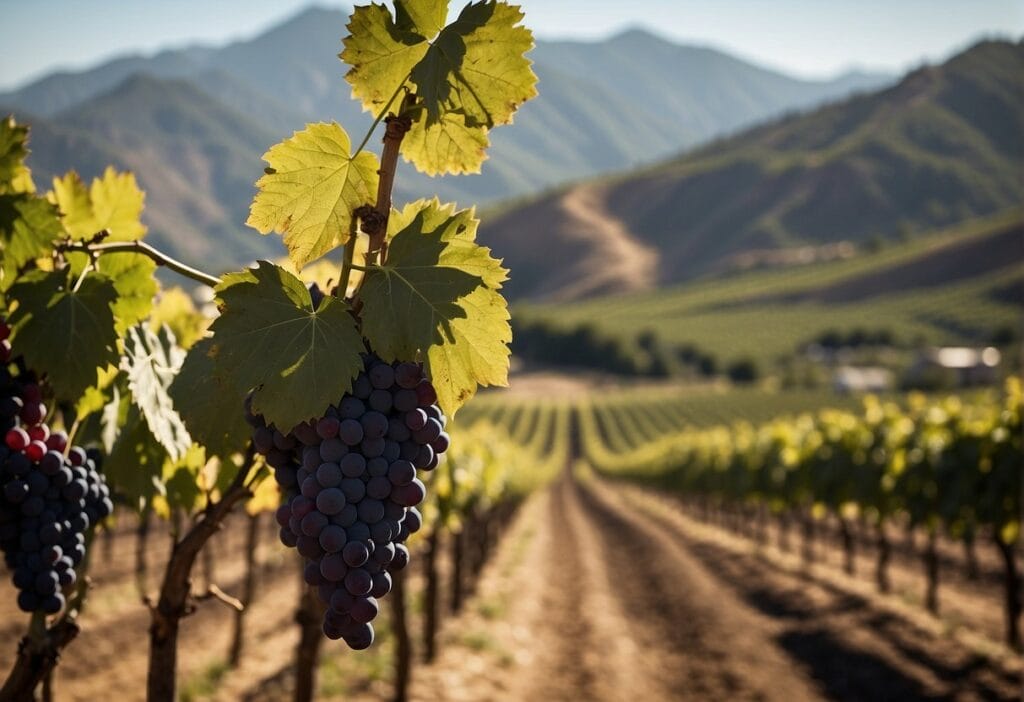 Grapes growing in a vineyard with mountains in the background.