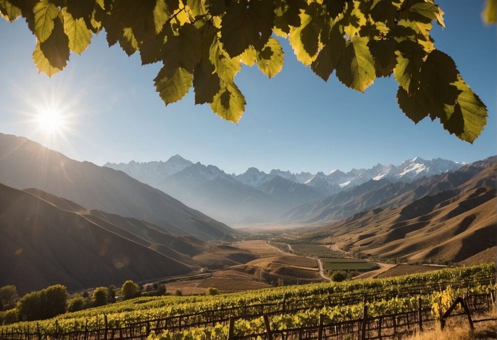 A vineyard with mountains in the background.