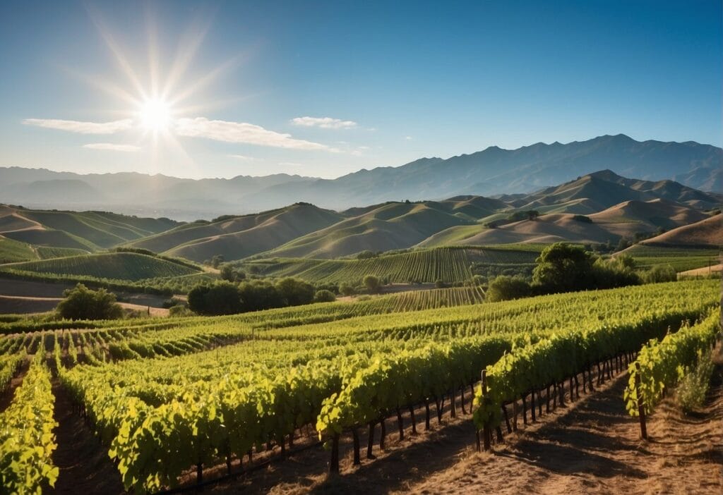 A vineyard in california with mountains in the background.