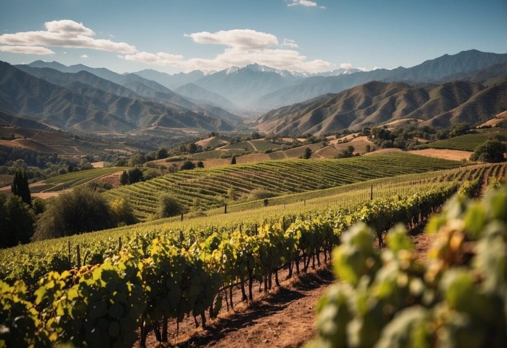 A vineyard with mountains in the background.