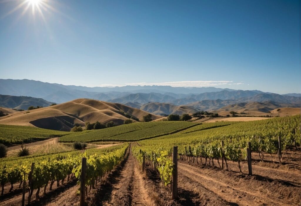 A vineyard field with mountains in the background.