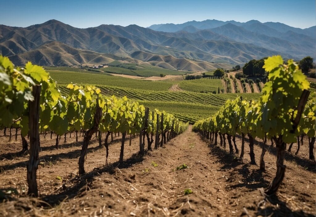 A vineyard field with mountains in the background.