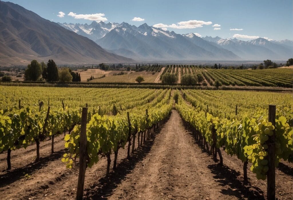 A vineyard in new zealand with mountains in the background.