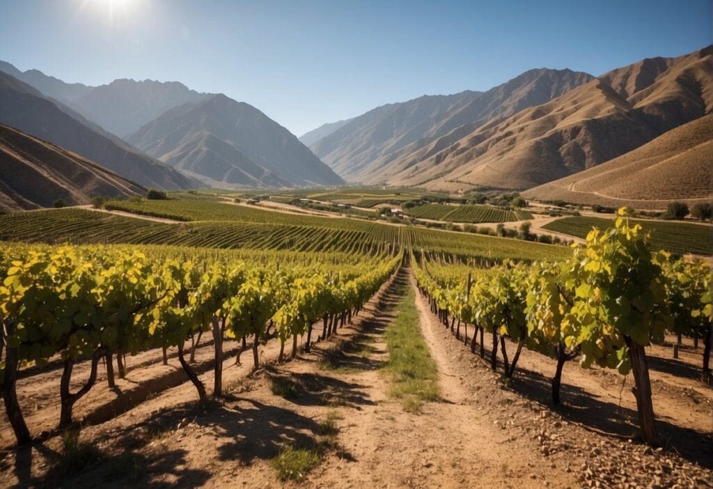 A vineyard in chile with mountains in the background.