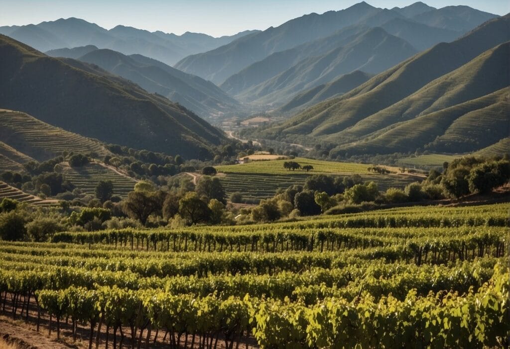 A vineyard in a valley with mountains in the background.