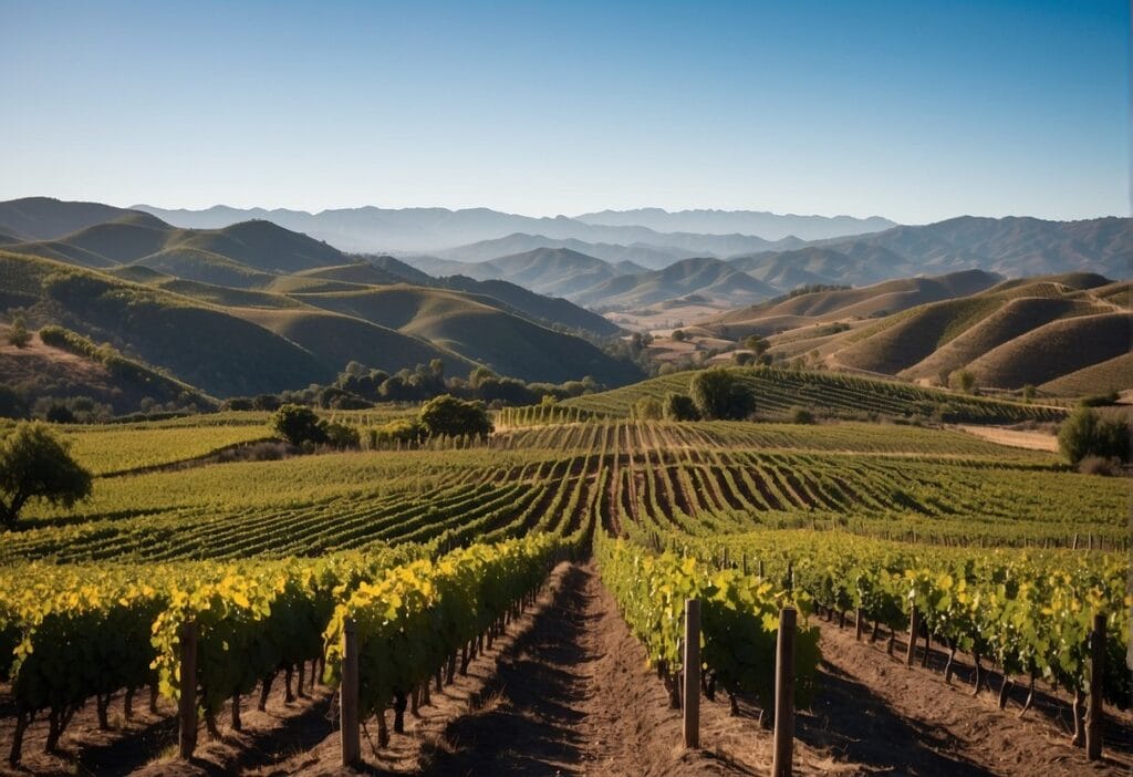 A vineyard field with mountains in the background.