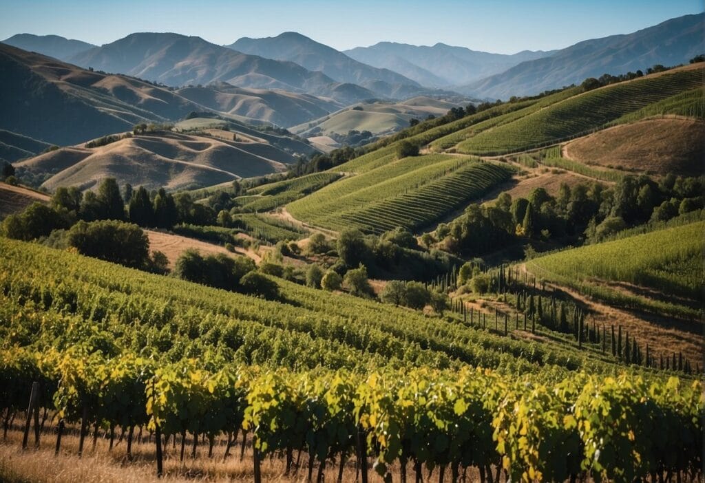 A view of vineyards and mountains in new zealand.