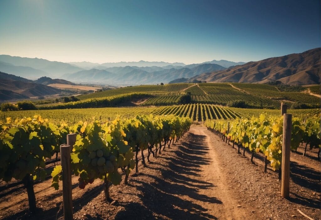 A vineyard field with mountains in the background.