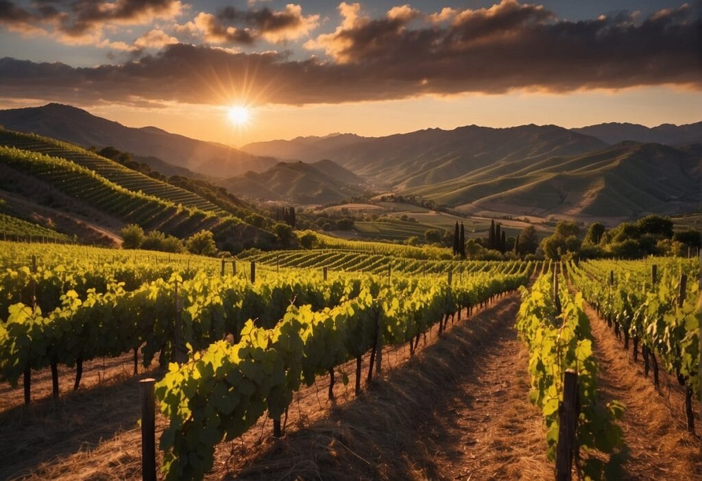 A vineyard field at sunset with mountains in the background.