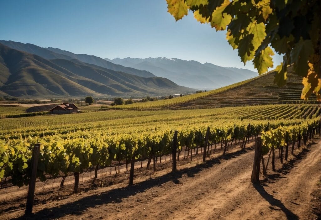 A vineyard in chile with mountains in the background.