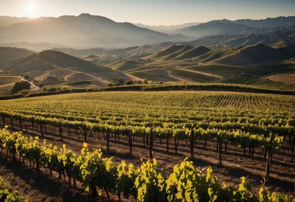 A vineyard in california at sunset.