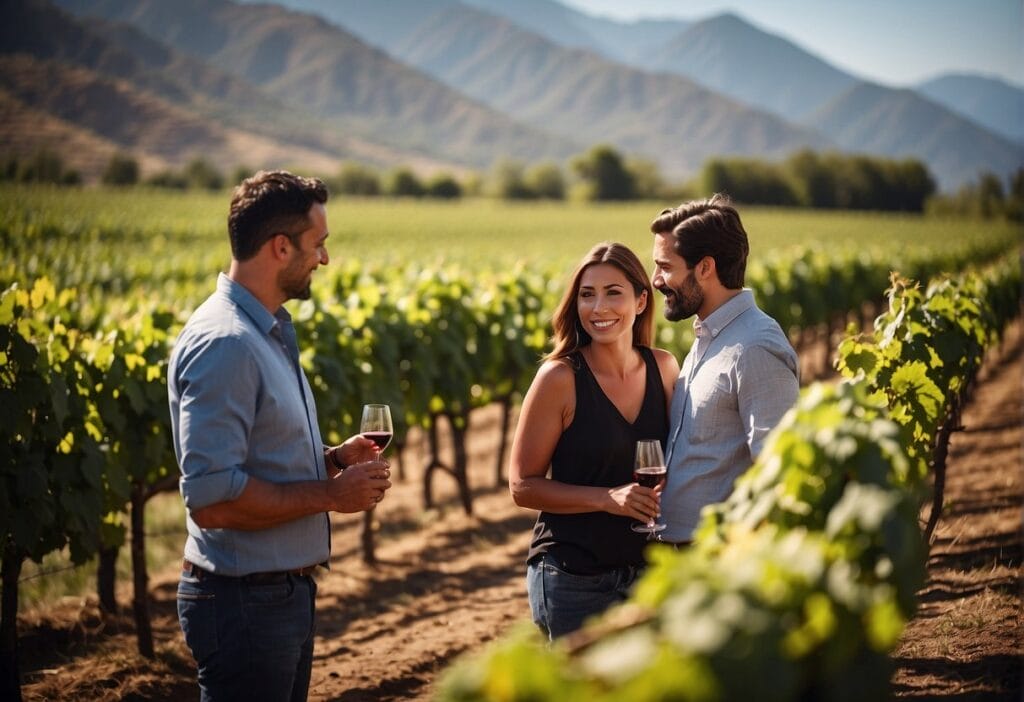 Three people standing in a vineyard holding wine glasses.