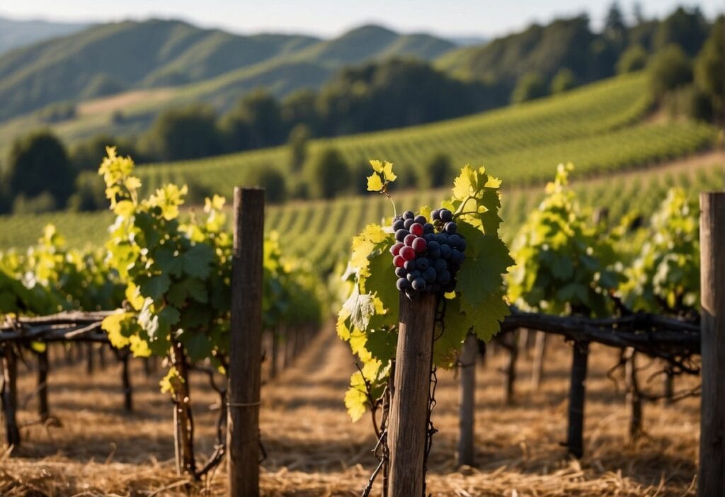 Grapes are growing in a vineyard in california.