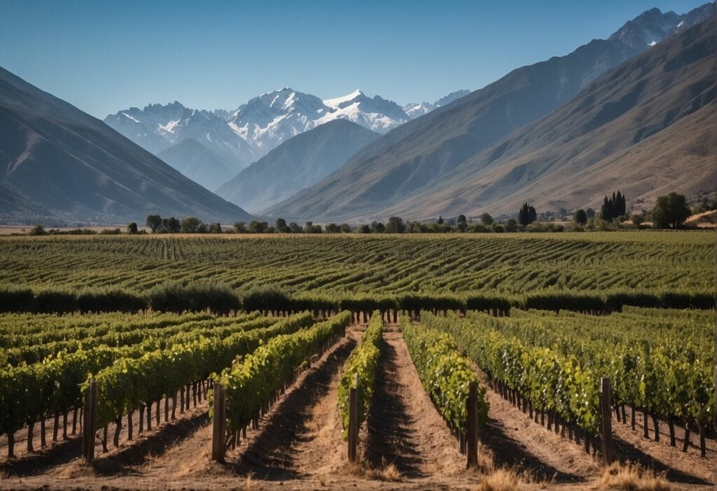 A vineyard in new zealand with mountains in the background.