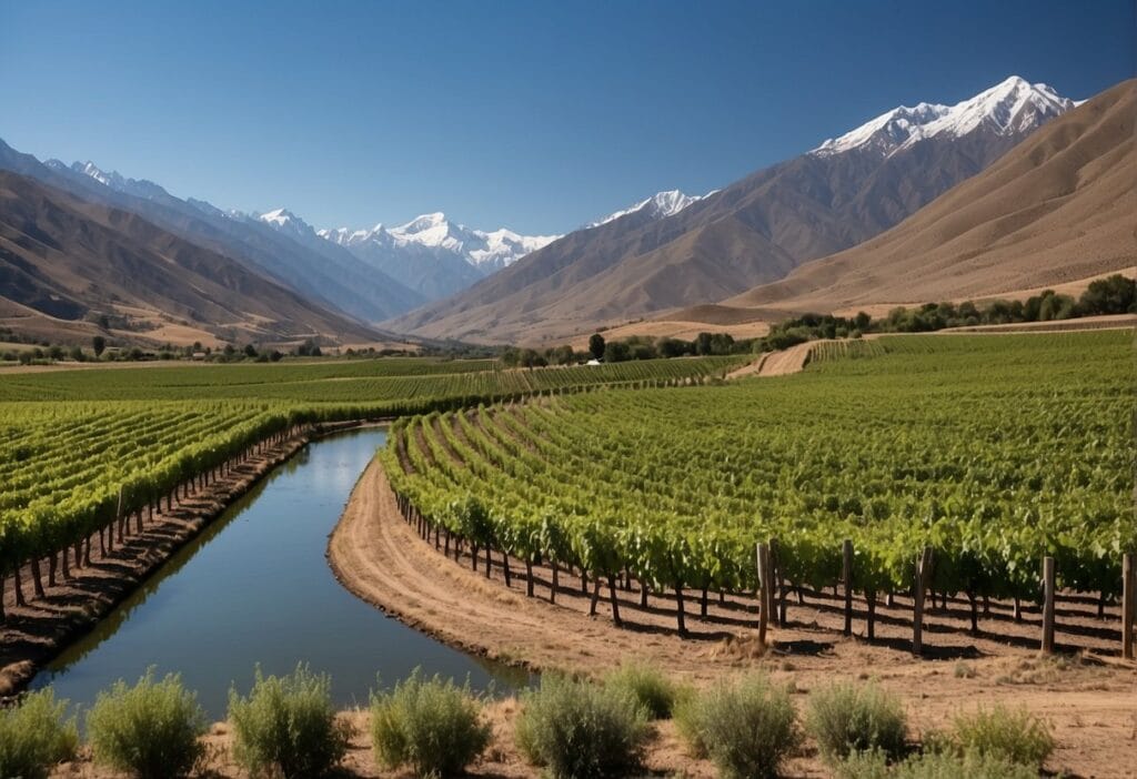 A vineyard in chile with mountains in the background.