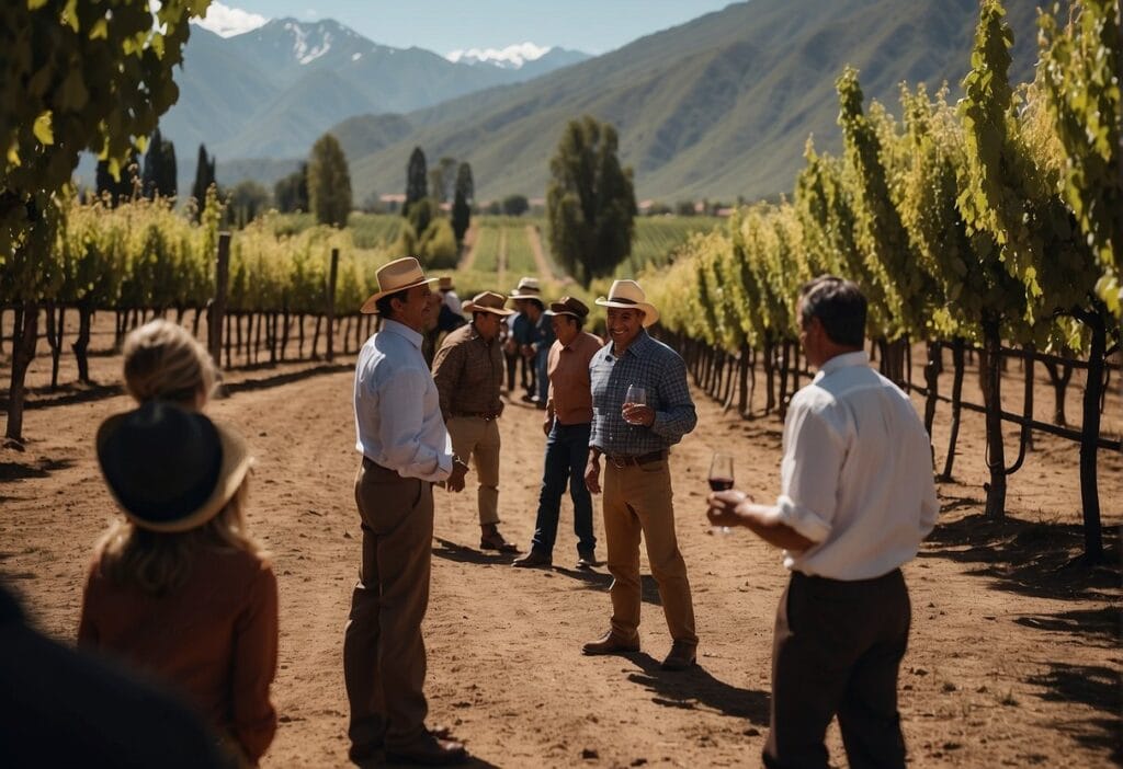 A group of people standing in a vineyard with mountains in the background.