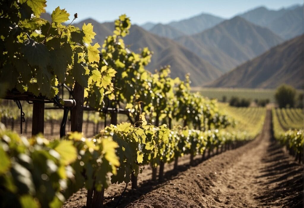 A vineyard with mountains in the background.