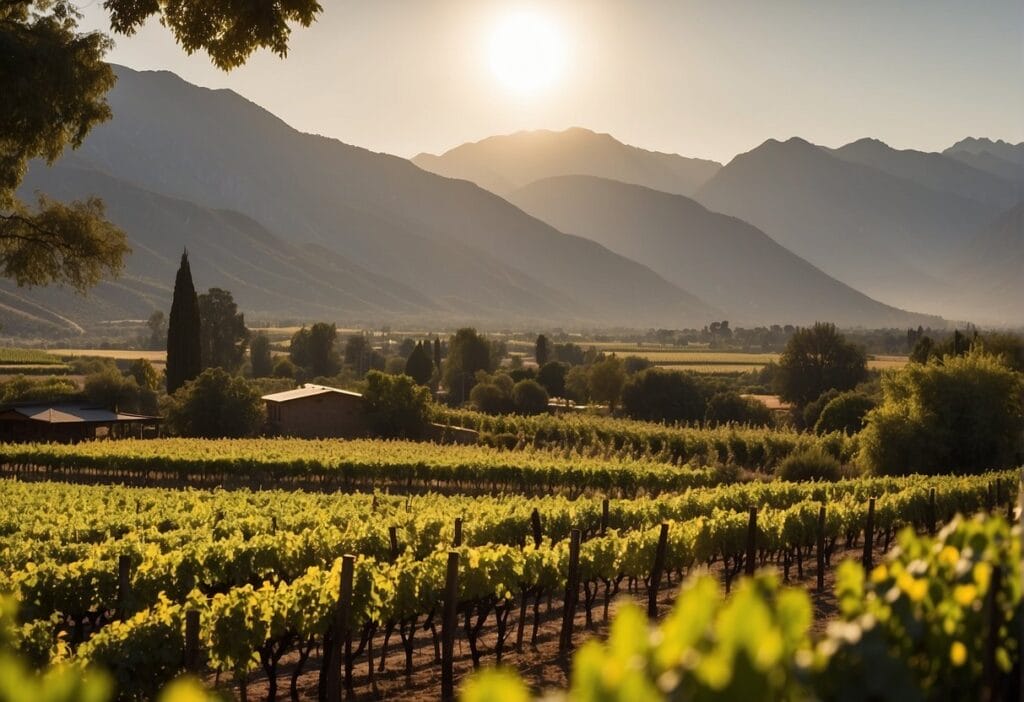 A vineyard in chile with mountains in the background.