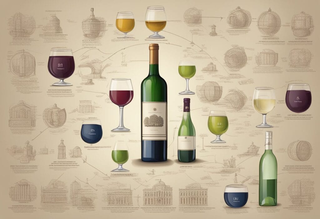 Wine bottles and glasses on a beige background.