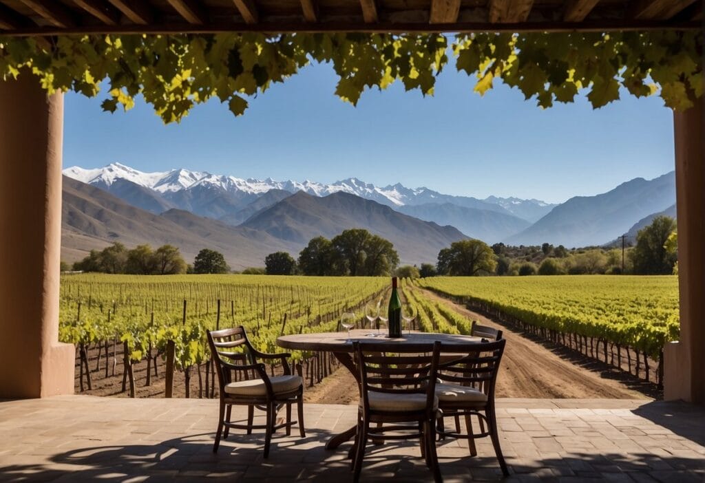 A view of a vineyard with mountains in the background.