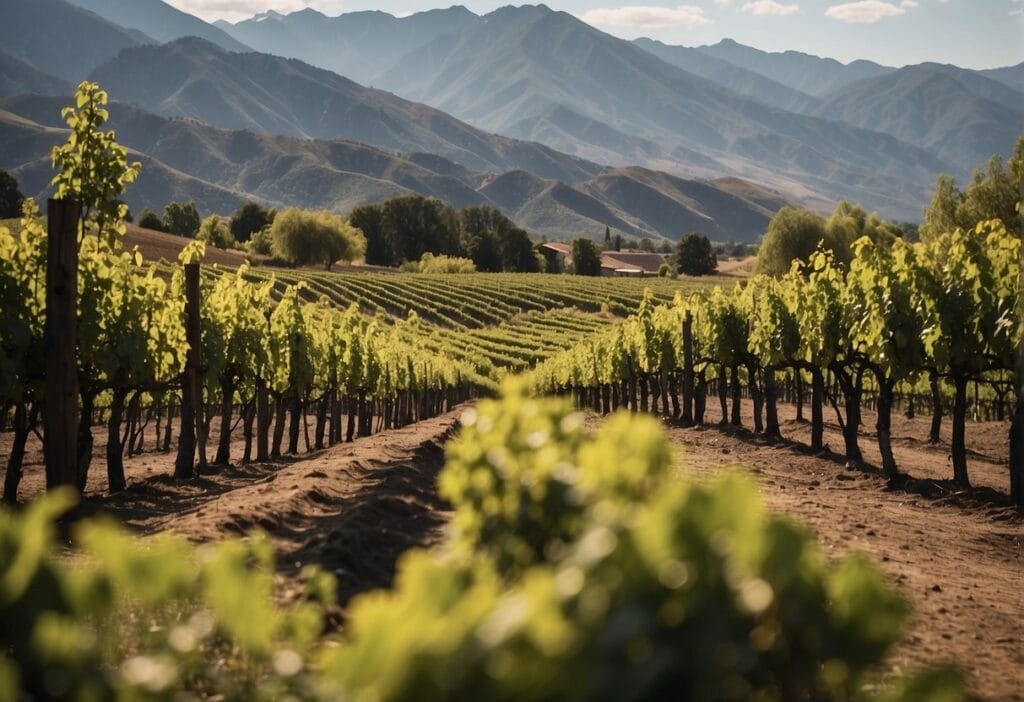 A vineyard with mountains in the background.