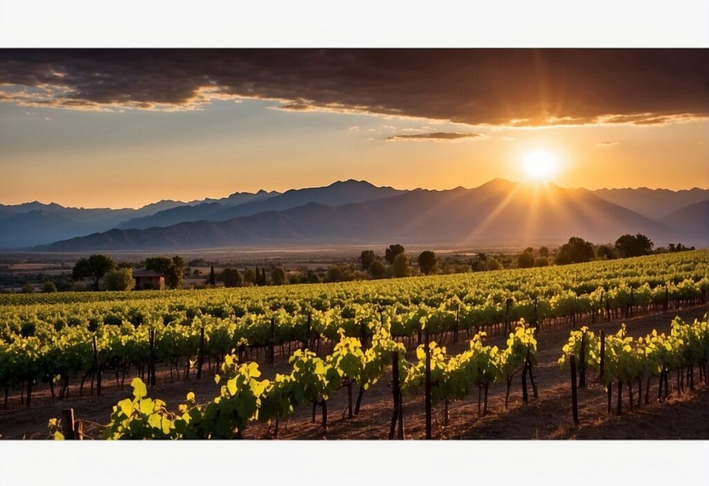 The sun is setting over a vineyard field in the Aconcagua Valley Wine Region, with mountains in the background.