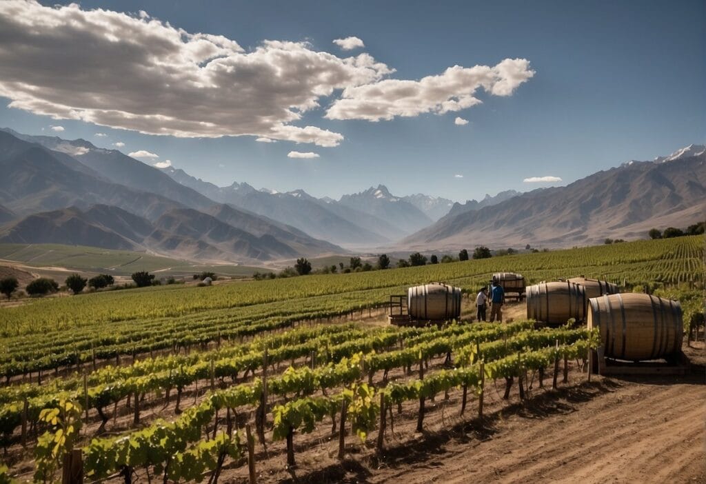 A vineyard in chile with mountains in the background.