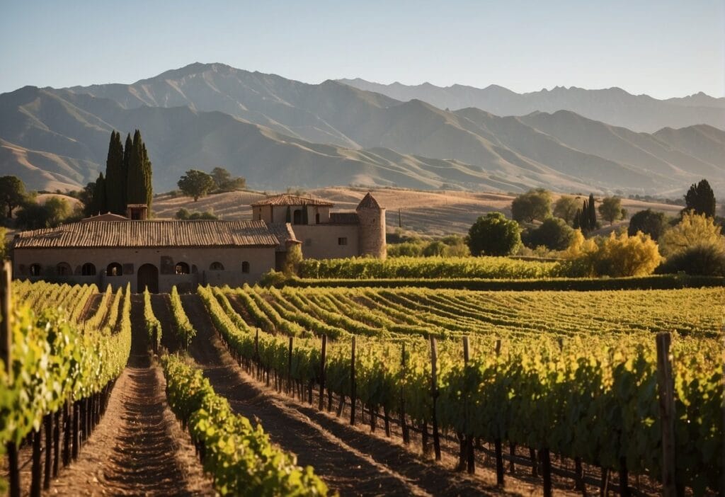 A breathtaking vineyard nestled in the awe-inspiring Aconcagua Valley Wine Region of California, with majestic mountains providing a stunning backdrop.