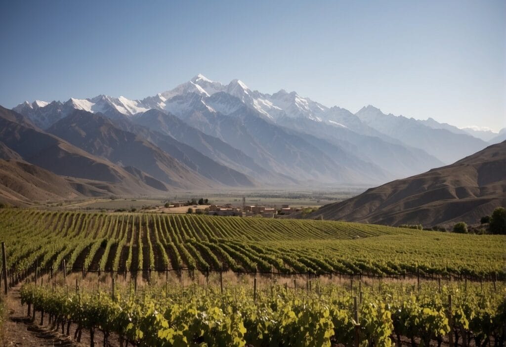 An awe-inspiring vineyard in the Aconcagua Valley Wine Region with majestic mountains providing a picturesque backdrop.