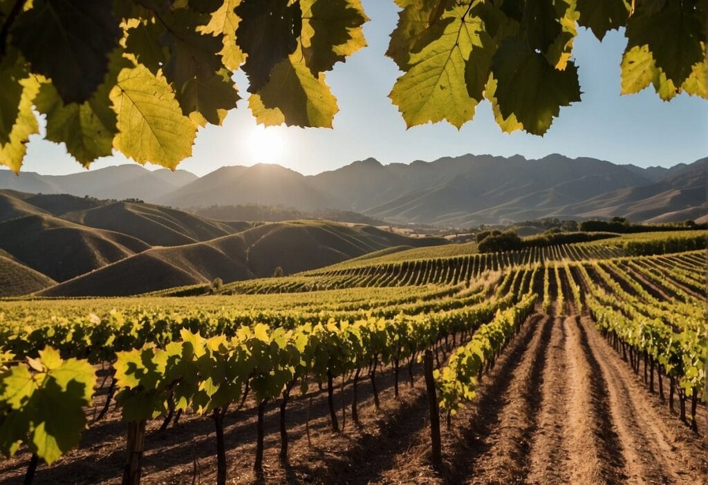 A vineyard in the Aconcagua Valley Wine Region of California, with mountains in the background.