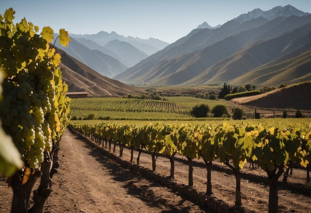 A vineyard in the Aconcagua Valley Wine Region of Chile, with majestic mountains in the background.