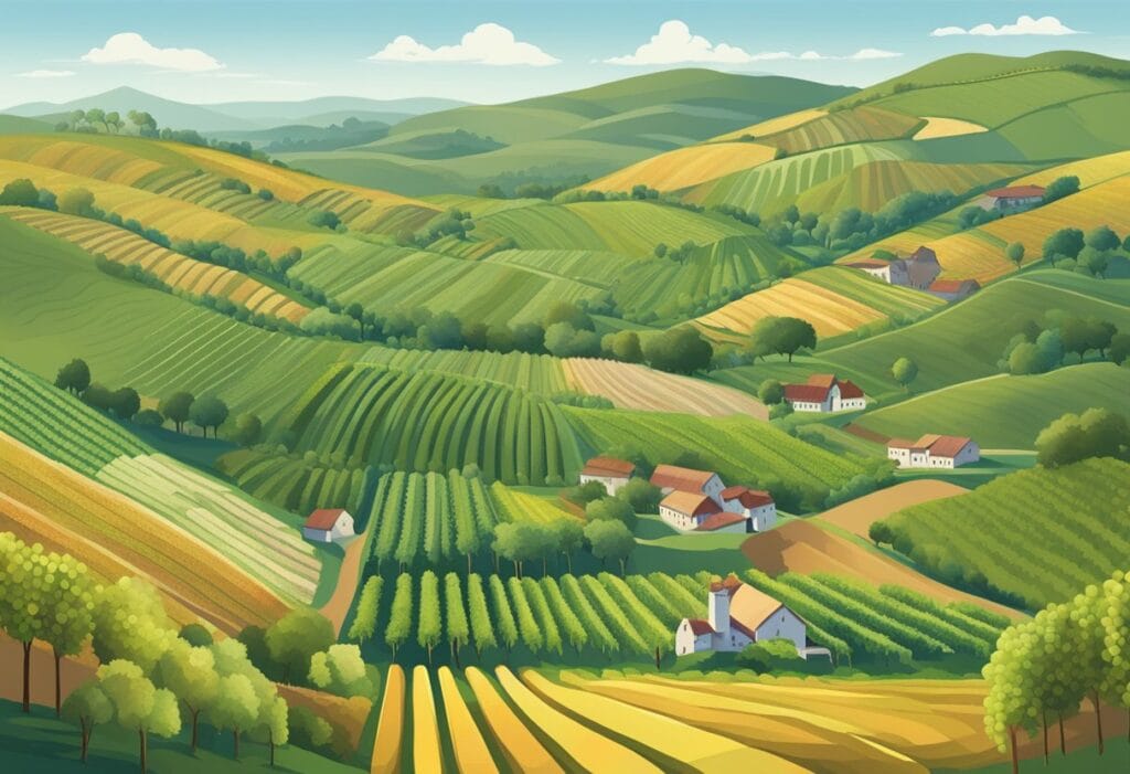 A cartoon illustration of a farm landscape.