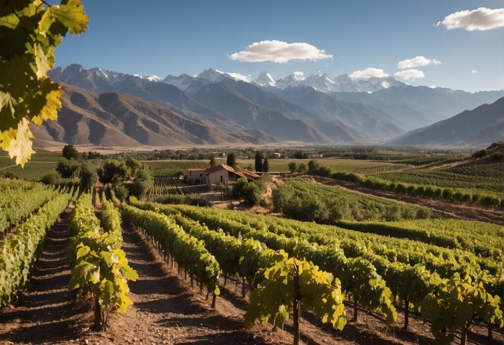 Avineyard in the Aconcagua Valley Wine Region in Chile, with mountains in the background.