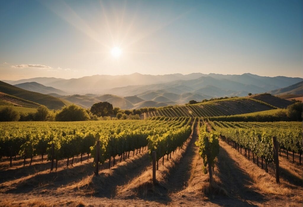 A picturesque vineyard field in the Casablanca Valley Wine Region with majestic mountains in the background.